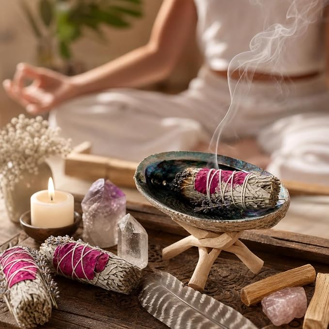 Tomoko White Sage Smudge Kit - 3 White Sage with Rose and Lavender, 2 Palo Santo, Abalone Shell, Wooden Tripod Stand & Feather! Healing, Purifying, Meditating, Incense & Cleansing