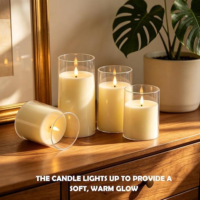 kakoya Flickering Flameless Candles Battery Operated with Remote and 2/4/6/8 H Timer Acrylic Led Pillar Candles Pack of 9 (D 3" xH 4" 5" 6") with Realistic 3D Wick Candles for Home Decor(Ivory)