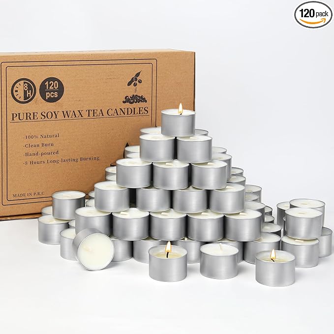 Soy Tealight Candles 120 Pack,8 Hours Long Burning Tealights Candles Bulk,Natural Soy Wax Tea Light Candle Paraffin-Free,Unscented Small Tea Candle for Emergency,Dinner