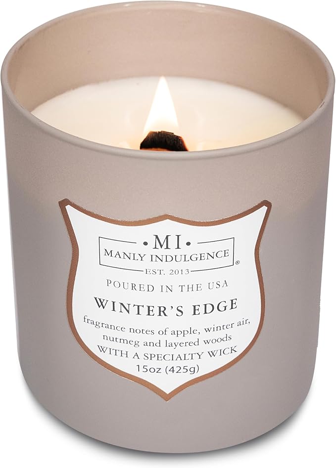 Manly Indulgence Winters Edge Scented Candles for Men, 15 oz Wooden Wick, Premium Soy Blend Wax, 60H Burn, Candles for Home Scented - Made in The USA