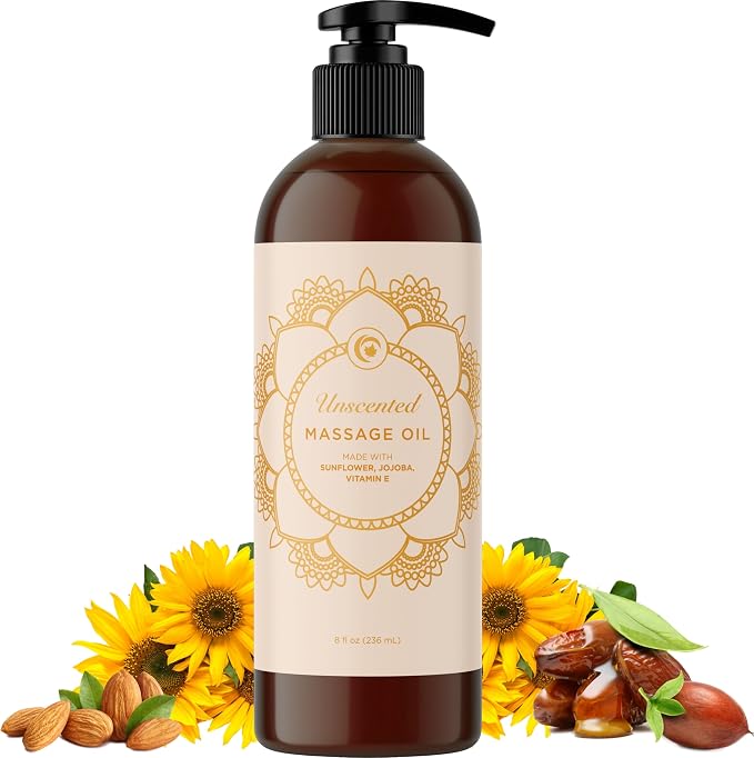 Unscented Massage Oil for Massage Therapy - Gentle and Luxurious Unscented Body Oil Full Body Care with Sweet Almond Sunflower Jojoba and Vitamin E - Vegan Non GMO & Gluten Free (8 Fl Oz)