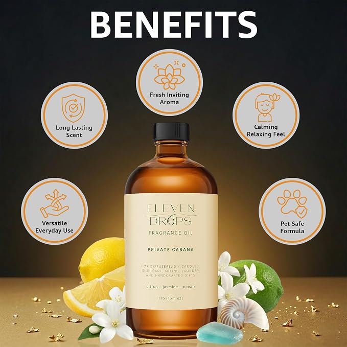 Private Cabana Fragrance Oil | Citrus, Jasmine & Ocean Notes | Long Lasting Scent Reed Diffuser Oil for Home, Office, Hotel, Spa, Car & Linen Spray | Pet Friendly IFRA Compliant, 16 oz