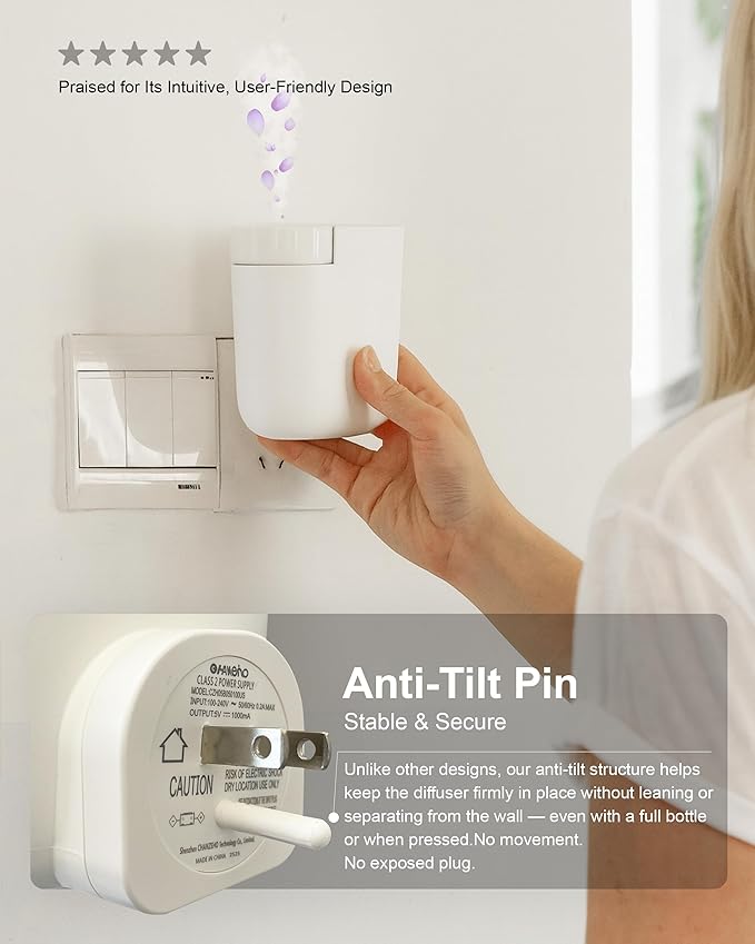 Waterless Plug in Diffuser, 800 Sq Ft, No Wobble Secure Wall Fit, Adjustable Timer & Scent Intensity,App Control,Essential Oil Plug in Wall Diffuser, Includes 3 x 20ml Fragrance Oils, White