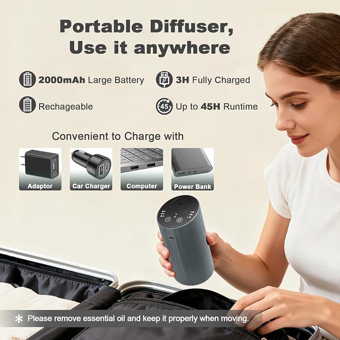 Waterless Essential Oil Diffuser Starter Kit for Home Car Office, Small Scent Diffuser with 60mL Fragrance Oil, Battery Operated, Portable Aromatherapy Diffuser Machine，Silvergrey with Hotel Scent