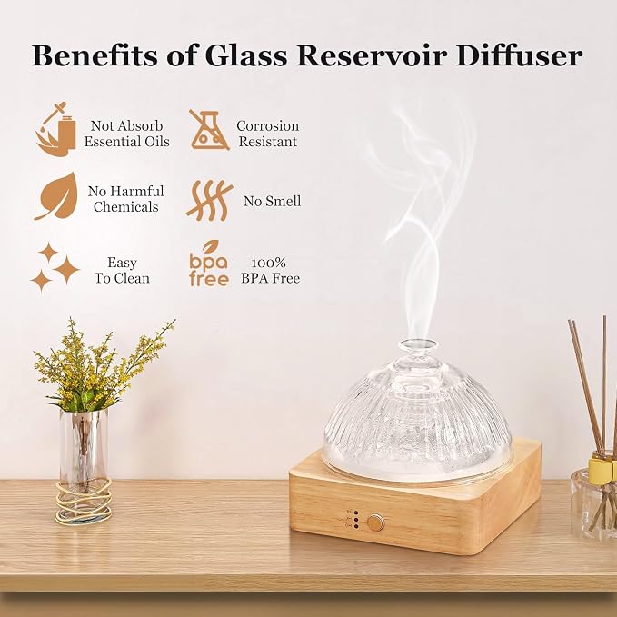 Lecdura Glass Essential Oil Diffuser with Glass Reservoir & WoodBase, 200ml Ultrasonic Lock Color Timer Auto-Off 7 Color Light Aroma Glass Dome Diffuser for Home Office Bedroom Yoga