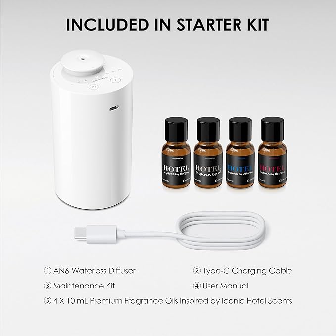 Airversa Waterless Essential Oil Diffuser Starter Kit with 4 x 10mL Hotel Scent Fragrance Oil, Battery Operated Mini Scent Air Machine Portable Diffuser for Home Car Office, AN6Kit-04 White