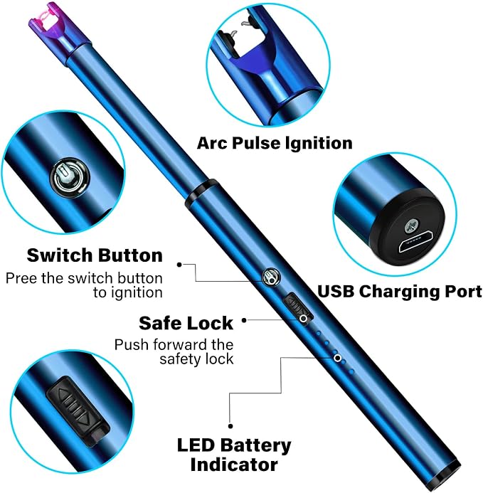 Electric Candle Lighter Windproof USB Rechargeable Flameless Long Neck Lighter for Candles Gas Stove Fireplace BBQ Kitchen Grills (Blue)