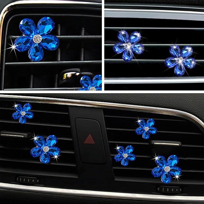 Bling Daisy Flower Car Air Vent Clips, 5PCS Sparkling Crystal Rhinestone Cute Vehicle Air Conditioning Clamp, Diamond Auto Air Outlet Clip Decor for Women Girls (Blue)