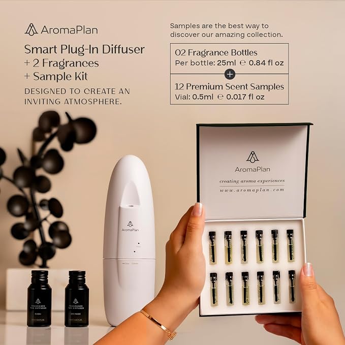 AromaPlan 5 Star Collection Plug in Diffuser (Fragrances+Sample Set Included)-Cold Air & Waterless Diffusers for Home & Office- Silent Wall Diffuser Plug in, Bluetooth App Control, 500 sq. Ft (White)