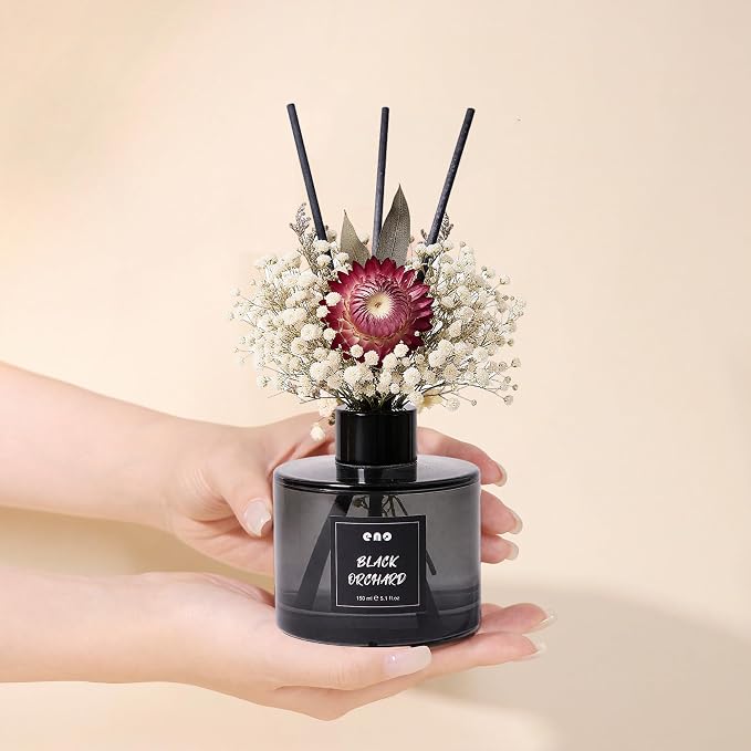 Reed Diffuser Set with Dried Flowers, 5.1 fl oz / 150ml, Black Orchard - Home Fragrance Diffuser with Sticks for Bathroom Shelf Decor, Bedroom, Office & Gift