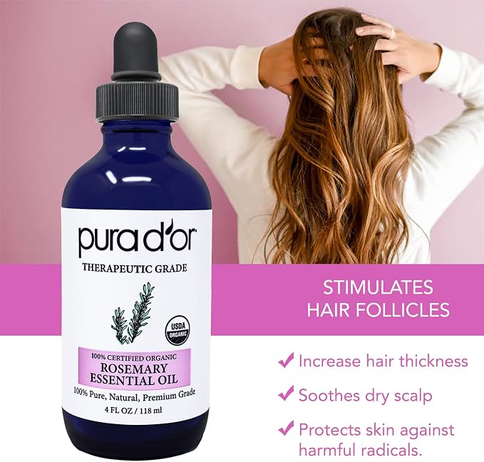 PURA D'OR Organic Rosemary Essential Oil, 4oz, Therapeutic Grade, for Hair, Body, Skin, Aromatherapy, Relaxation, Massage, Mood, Relief, Home, DIY Soap