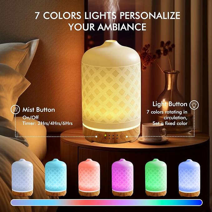 Essential Oil Diffuser Diffuser -Aromatherapy Diffuser for Essential Oils with Timer and 7 Colors LED Light Ultrasonic Diffuser with Auto Shut-Off, Home Office Decor&Gift (White-200ml)