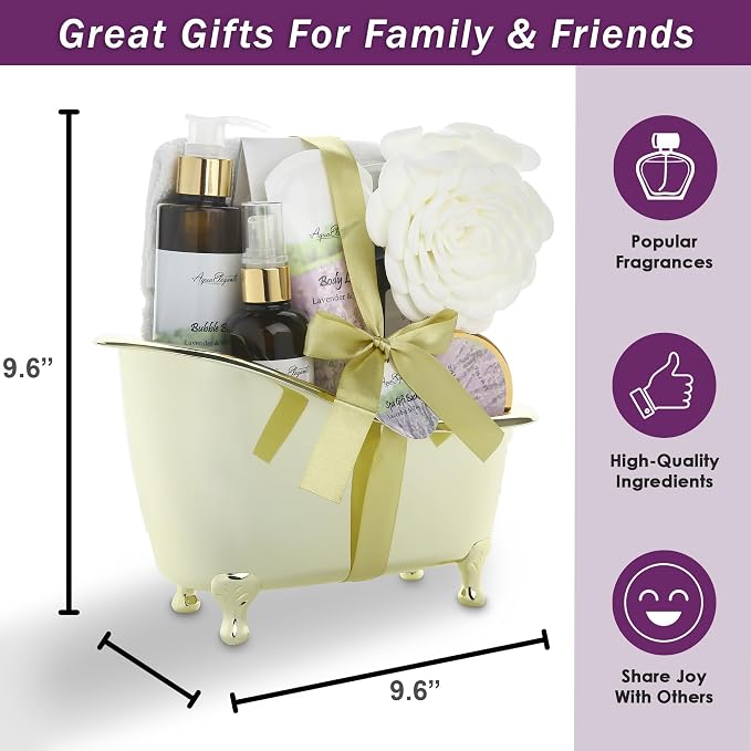 Aqua Elegante Spa Gift Basket - Luxury Bath Set with Body Wash, Bubble Bath, Lotion, Salts, Scrub, Spray, Shower Puff, Towel, Gifts for Women, Mom, Wife, Her - Lavender & Tea Tree Oil