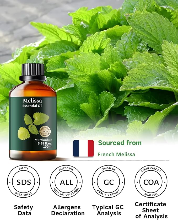 Melissa Essential Oil, Pure Melissa Oil Mumianhua Lemon Balm Oil, Uplifting Citrus-Herb Scent for Diffuser, Skin, Hair & Personal Care, 3.38 Fl Oz