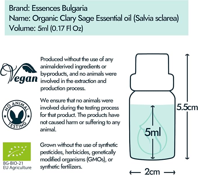 Essences Bulgaria Organic Clary Sage Essential Oil 1/6 Fl Oz | 5ml | Salvia sclarea | 100% Pure and Natural | Undiluted | Therapeutic Grade | Family Owned Farm | Steam-Distilled | Non-GMO | Vegan