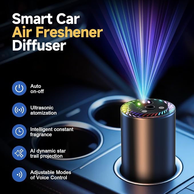 Smart Car Air Freshener Diffuser Voice Control with Starry Projection Light, 3 Adjustable Modes Intelligent Aromatherapy for Essential Oil, Smart Auto On/Off, Voice Edition (Cologne)