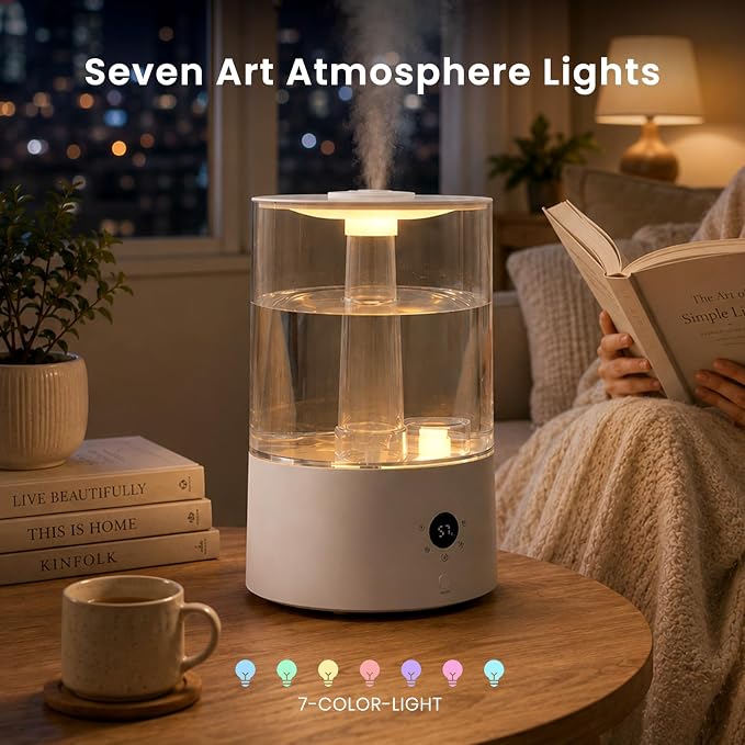 COWSAR Humidifier for Bedroom, 4L Top Fill Humidifier for Large Rooms, Easy Refill & Cleaning, Quiet 22dB, Baby Humidifier, Humidity Display, Up to 40H Runtime, Nightlight, Auto Shut-Off, White