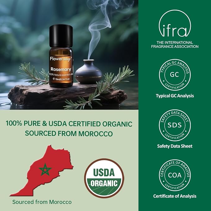 Rosemary Essential Oil for Hair Growth – 100% Pure Organic, Therapeutic Grade, Undiluted, USDA Certified, 10ml for Diffuser, Skin, Nails, Scalp Massage