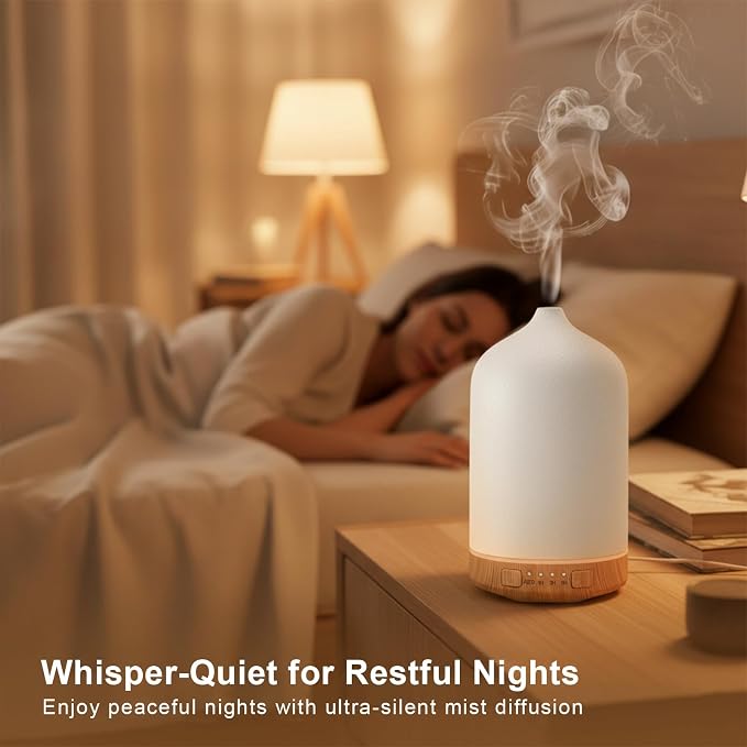 Ceramic Essential Oil Diffuser, 250ml Aromatherapy Humidifier & 7 Color-Changing Night Light with Auto Shut-Off, 1H/3H/5H Timer Ultrasonic Cool Mist Quiet Operation for Home, Office, Yoga