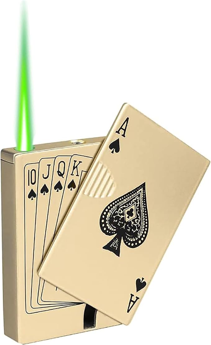 Jet Torch Lighter, Green Flame Ace Card Lighter, Metal Poker Design Windproof Refillable Butane Cool Lighter, Outdoor, Indoor, Camping, BBQ, Candle, Birthday, Gift for Men/Women (Without Gas)