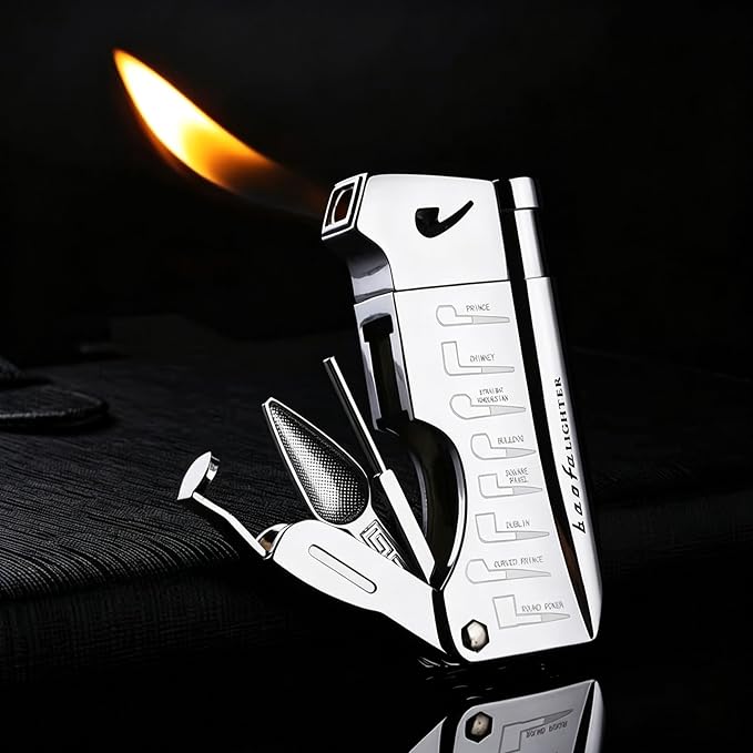 Soft Flame Butane Lighter with Built-in 3-in-1 P-ipe Tool Cleaner, Unique Refillable Candle Lighter, Angled Gas Window, Unique Gifts for Men, Birthday, Father’s Day, Valentine’s Day (Silver, No Fuel)