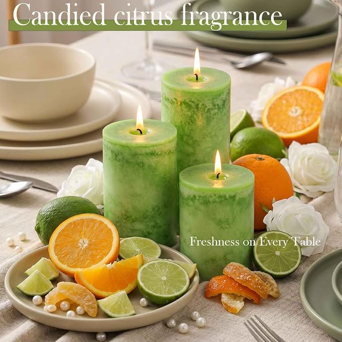 4 Pack Candied Citrus Scented Pillar Candles,Natural Essential Oils,60H Long Burning,Non-Toxic Smokeless Candles for Home Decor,Aromatherapy to Stress & Anxiety Relief,Daily Relaxation(2.8x4in)