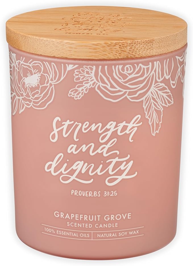 Christian Art Gifts Soy Wax Scented Candle: Strength & Dignity Bible Verse, Grapefruit Grove Scent, Pure Essential Oils, 4.5 oz, Up to 20 Hours Burn Time, Glass Jar w/Bamboo Lid, Encouragement Gift