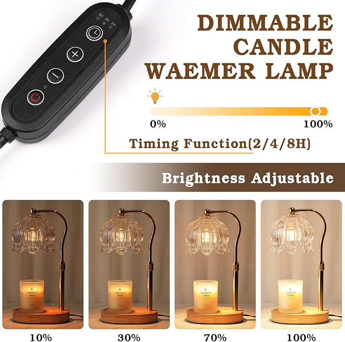 Funistree Flower Candle Warmer Lamp with Timer, Dimmable Candle Lamp Warmer, Christmas Birthday Gifts for Women Mom Her, Housewarming Home Decor, Lotus Wax Warmer for Yankee Candles - Crystal Clear