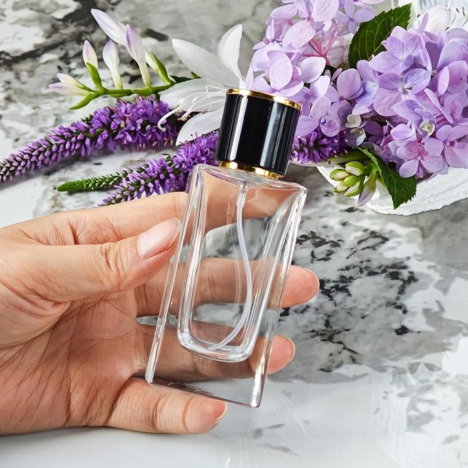 2 Pack 50ml/1.7 Oz Glass Spray Bottle Perfume Atomizer,Empty Travel Refillable Perfume Spray Bottle with 3 Kinds of Dispenser (Black Cap, 50ml)