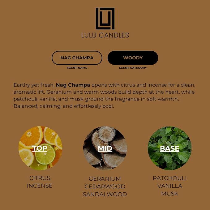Lulu Candles | Nag Champa - Indian Incense | Highly Scented Premium Candles in Giftable Box for Home and Office | Vegan Soy Blend Jar Candle with 100% Cotton Wick | Slow Burning & Long Lasting (9 Oz.)