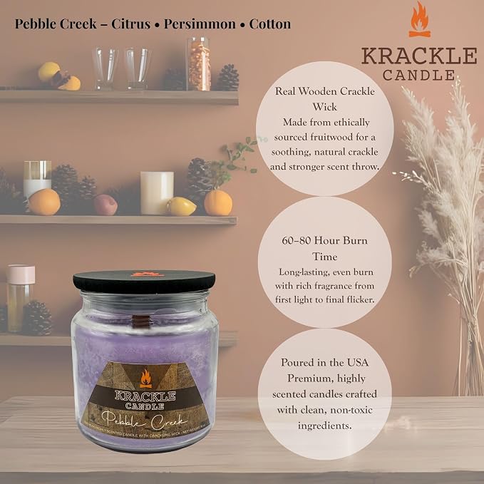 Krackle Candle | Pebble Creek | 16 oz Scented Candle with Natural Crackling Wooden Wick | Poured in the USA | Citrus, Persimmon & Cotton Fragrance