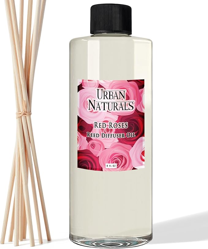 Urban Naturals Reed Diffuser Oil Refill Red Roses with White Peony, Cashmere Wood 8 oz + Free Reed Sticks, Made in the USA