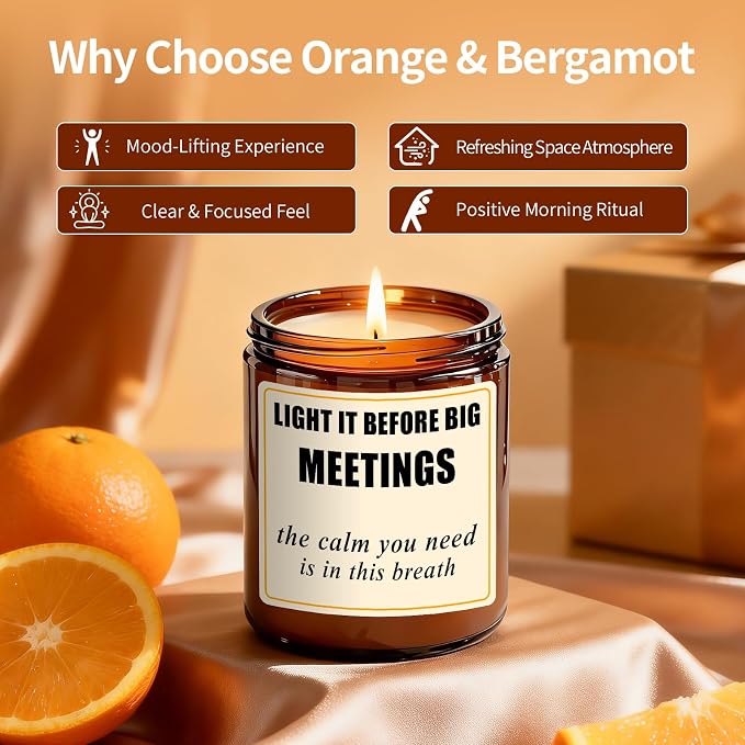 Sweet Orange Candle for Women - 7oz Scented Soy Candle for Stress Relief Before Meetings, 50H Burn Time, Calming Gift for Coworker Friend Funny Birthday Gifts, Thinking of You Gift for Her