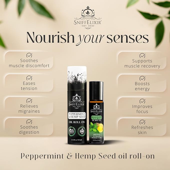 Peppermint Essential Oil Roll-On (10ml) – USDA Organic Topical Aromatherapy with Hemp Seed Oil for Headache Relief & Cooling Comfort – SniffElixir