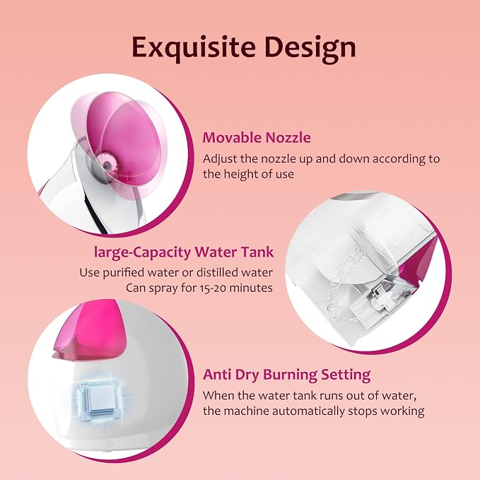 EZBASICS Facial Steamer - Professional Nano Ionic Face Steamer for Facial Deep Cleaning, Warm Mist Humidifier for Home Spa, Unclogs Pores Sinus, Bonus 5 Piece Stainless Steel Skin Kit (Pink)