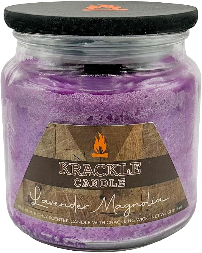 Krackle Candle | Lavender Magnolia | 16 oz Scented Candle with Natural Crackling Wooden Wick | Poured in the USA | Lavender & Magnolia Blossom Fragrance