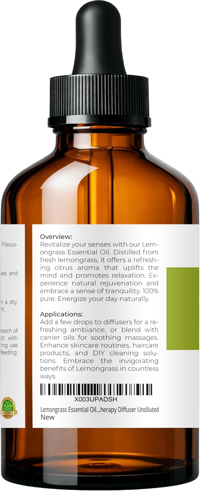 velona Lemongrass Essential Oil 4 Fl Oz | Therapeutic Grade | for Aromatherapy Diffuser, Massage, Skincare, Haircare, Soapmaking | Undiluted and Multipurpose in Glass Bottle