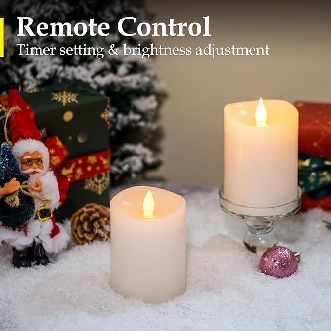 3"x4" Flickering Flameless Battery Candles with Timer, White Realistic LED Pillar Candles, Set of 2 Large Remote-Operated Candles for Home Indoor/Outdoor & Holiday Decor