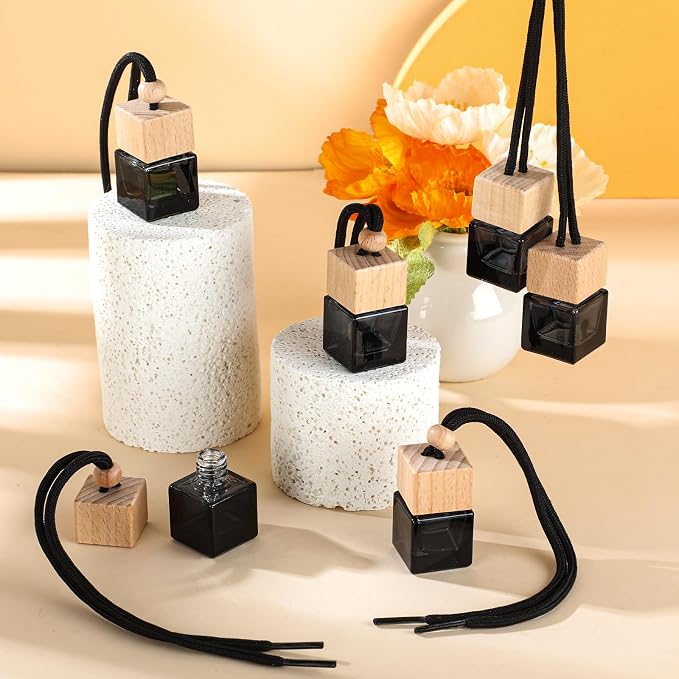 BBTO 50 Pcs Hanging Car Air Freshener Black Car Diffuser Bottles Empty Glass Perfume Bottle Freshener Diffuser Bottles Pendant for Essential Oil Fragrance Aromatherapy Ornament(Cube)