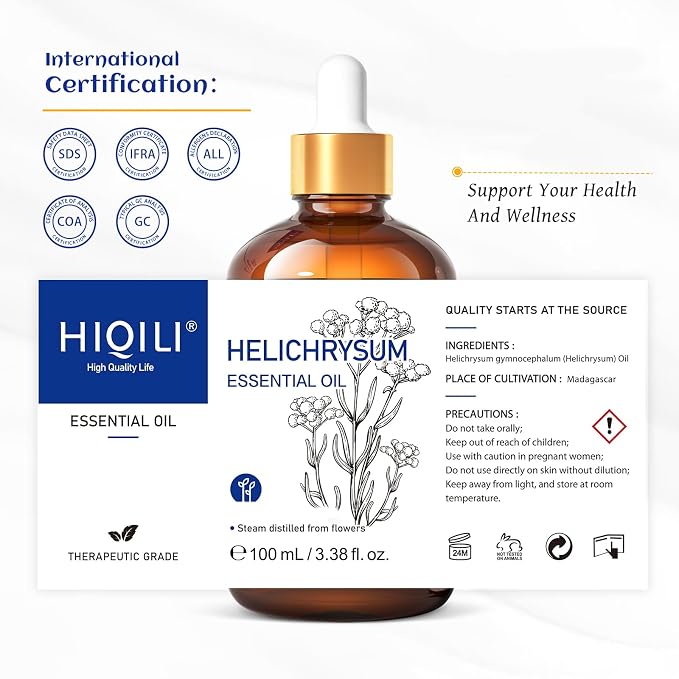 HIQILI Helichrysum Essential Oil for Skin Nourish, Relieve Fatigue in Body Massage, Reduce Fine Line and Wrinkle, Aromatherapy Diffuser, DIY Floral Scented Gift -100ML