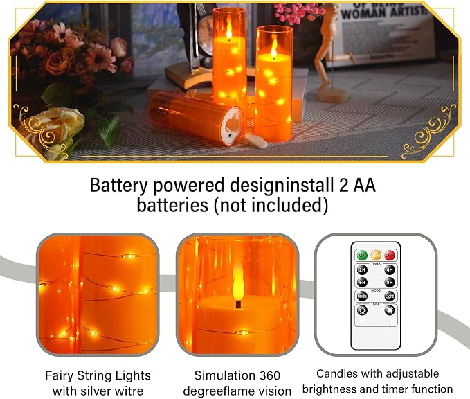 Eebuss Flameless Candles with Embedded Star String, Battery Operated LED Pillar Candles with Timer and Remote Control,Home Decorating for Ambiance, Set of 7 (Orange)