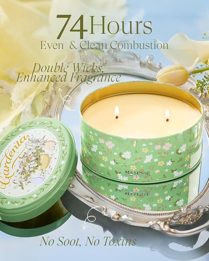 M&SENSE 2 Wicks Gardenia Scented Candle 12oz | Soy Wax, Natural, Floral Scent, Spring