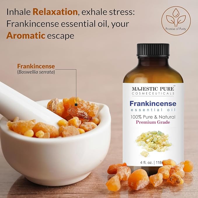 Majestic Pure Essential Oil with Glass Dropper - 100% Pure and Natural - Essential Oils for Diffuser, Aromatherapy, Soap and Candle Making, Frankincense Essential Oil, Frankincense Oil, 4FlOz Pack of2