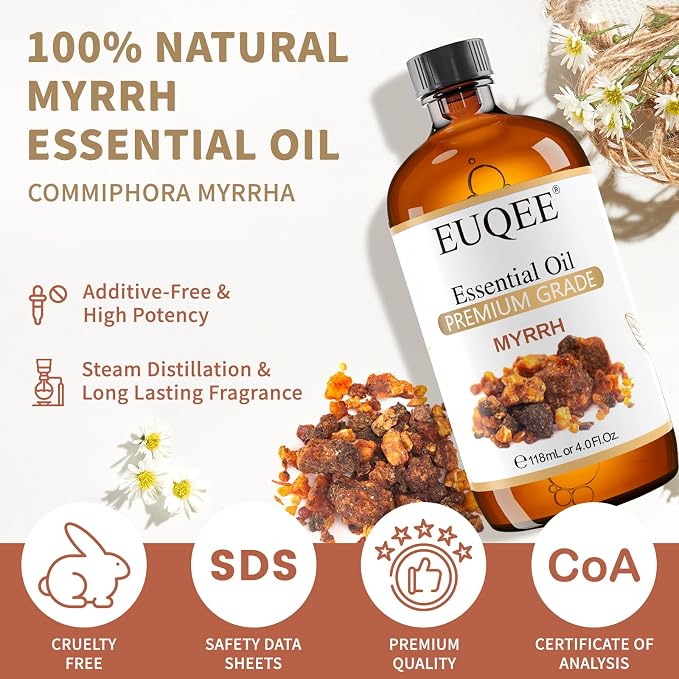 EUQEE Myrrh Essential Oil, Premium Myrrh Oil with Glass Dropper for Aromatherapy, Diffuser, Soap Candle Making - 4 Fl oz/ 118ML