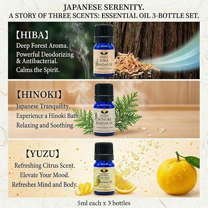 Premium Japanese Essential Oil Set - 100% Pure Hinoki & Yuzu & Hiba Oils for Diffuser & Aromatherapy - Steam Distilled, Produced in Japan - 3 Pack (5ml Each)