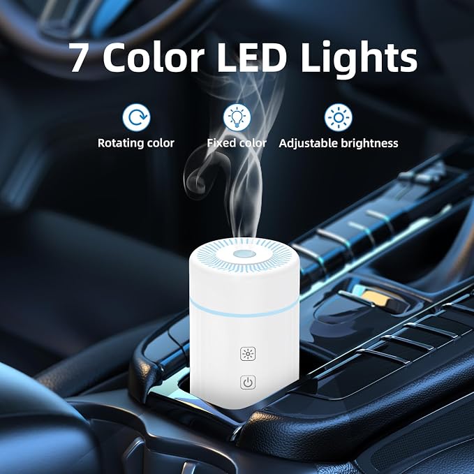 SEEDSEEL 100ML Car Essential Oil Diffuser, Rechargeable Battery Powered, Cordless Portable Humidifier with 7 LED Color Changing Lights for Travel (White)