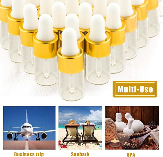 Sample Dropper Bottles, Mini Dropper Bottles with 2 Pcs Plastic Droppers for Traveling Essential Oils DIY Cosmetic Liquid Sample Perfume (Gold, 3ML)