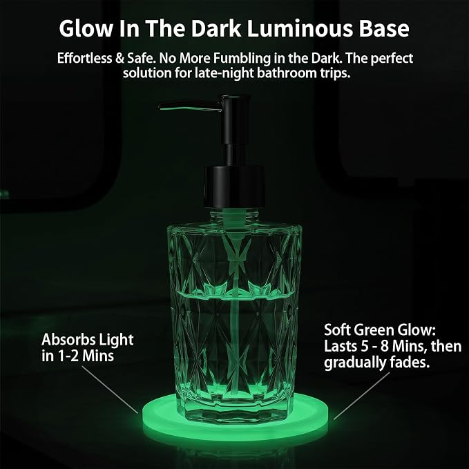 Diamond Design Glass Soap Dispenser with Stainless Steel Pump, Modern Kitchen Soap Dispenser with Luminous Coaster for Countertop Hand Soap, Bathroom Liquid Lotion & Dish Soap 6.8 Oz, Clear