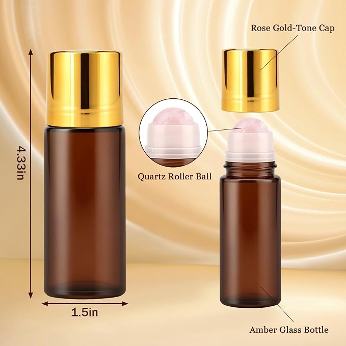2 Pcs Rose Quartz Roller Bottles, 50ml Refillable Roll On Bottles with Natural Crystal Roller Balls, Quartz Roller Ball Glass Bottle for Oils, Leak-Proof Travel Kit