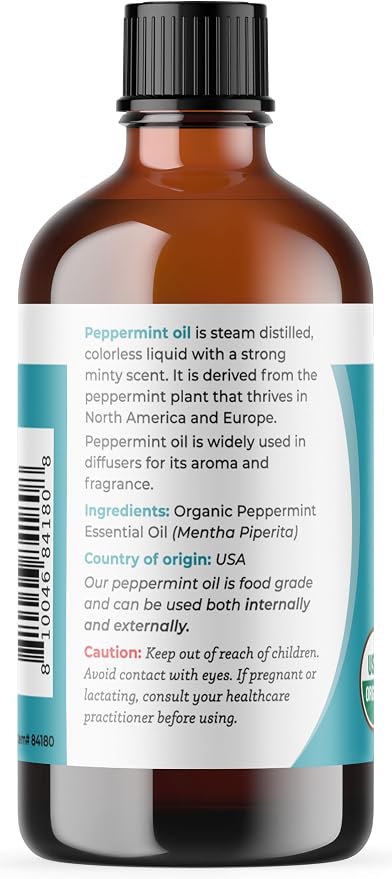 Viva Doria Peppermint Essential Oil, USDA Certified, Organic Peppermint Oil, 100% Pure, Natural Essential Oil, Undiluted, for Aromatherapy | Food Grade, 118 mL (4 Fluid Ounce)